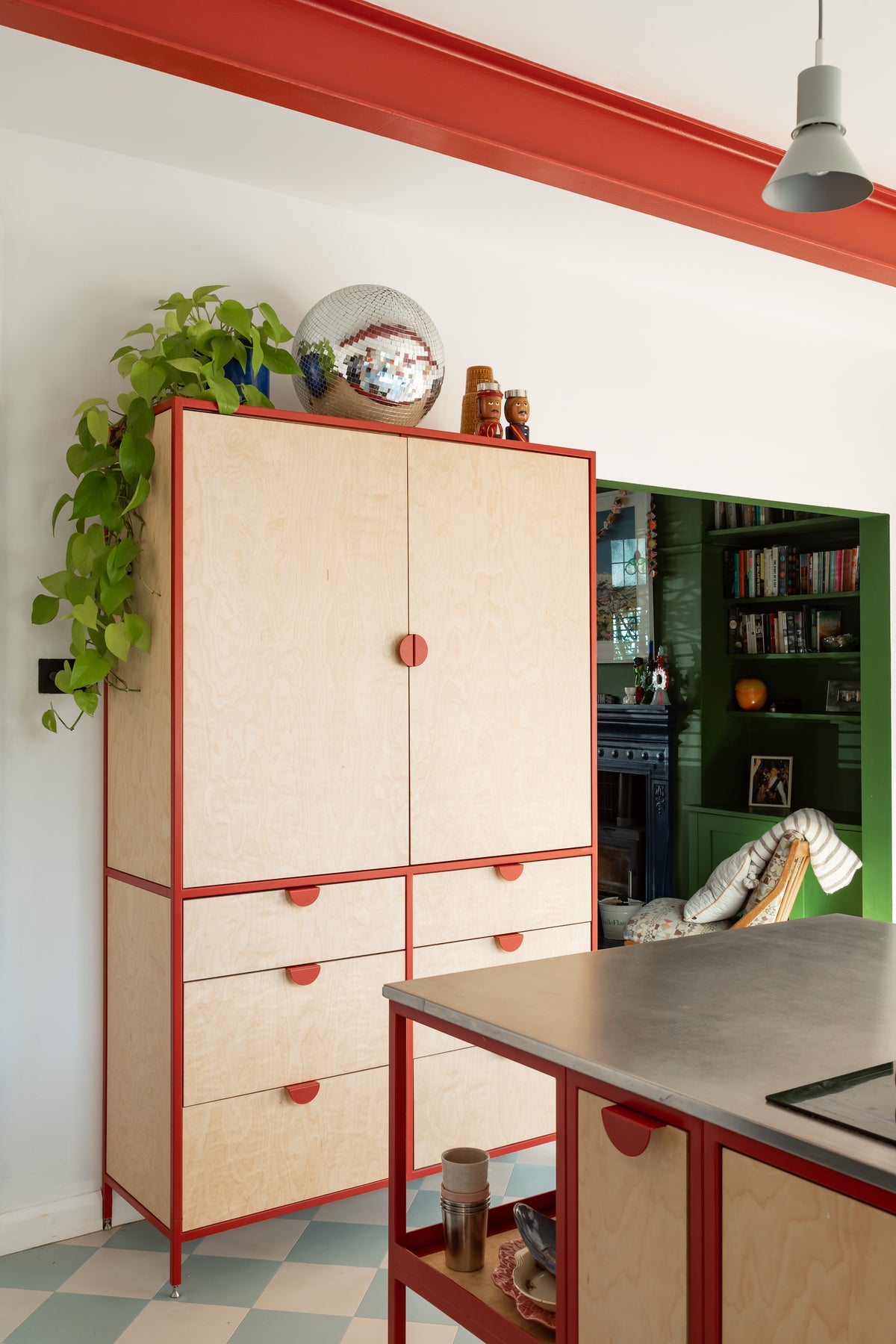 The classic double larder steel frame and half moon handles, birch plywood fronts