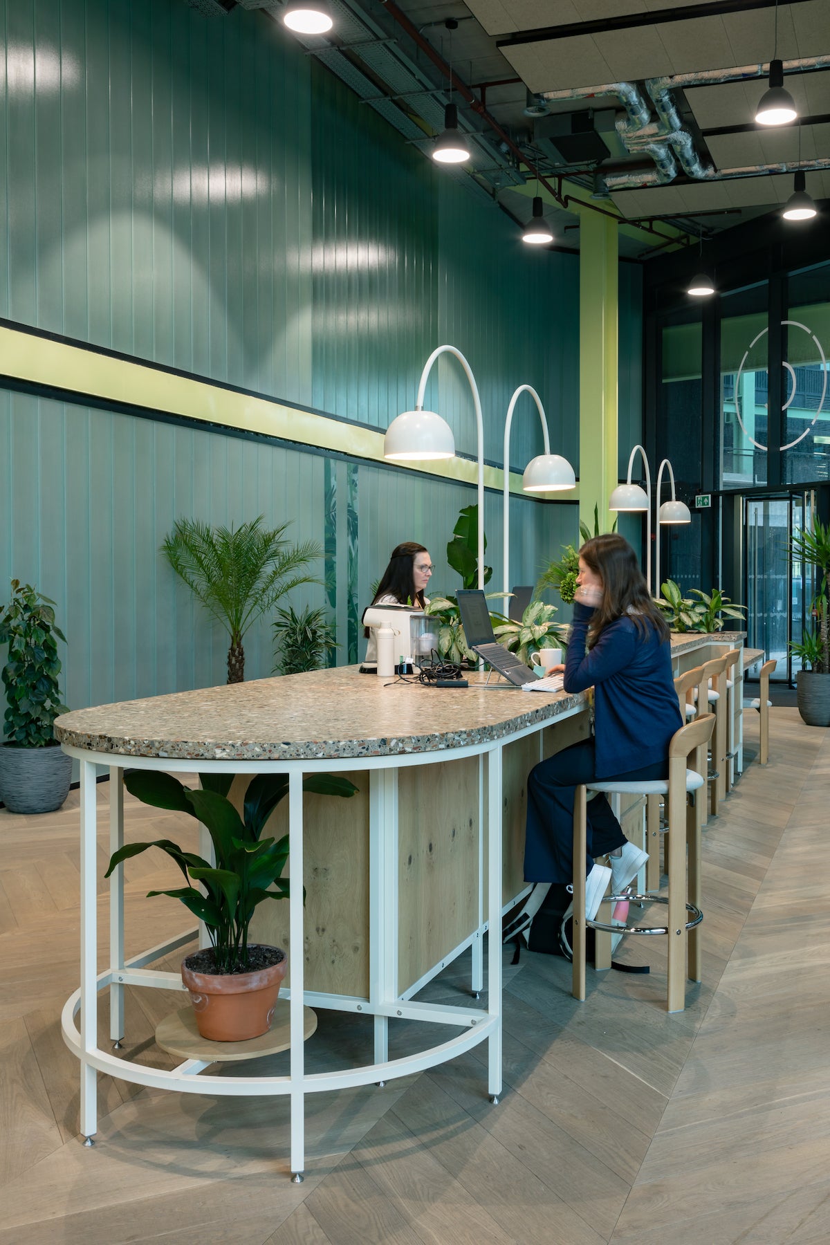 Steel frame reception desk with curved ends and plants