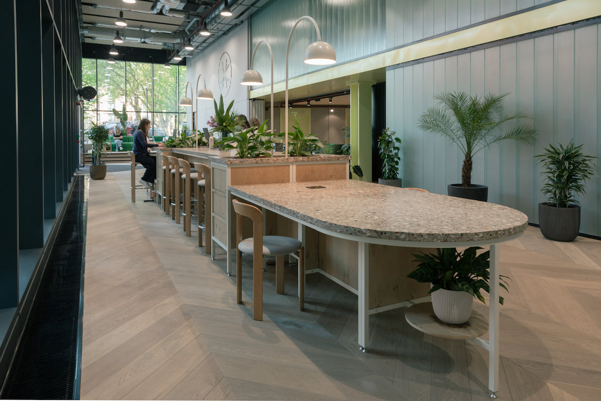 12 meter long reception desk, with curved ends and disabled access.