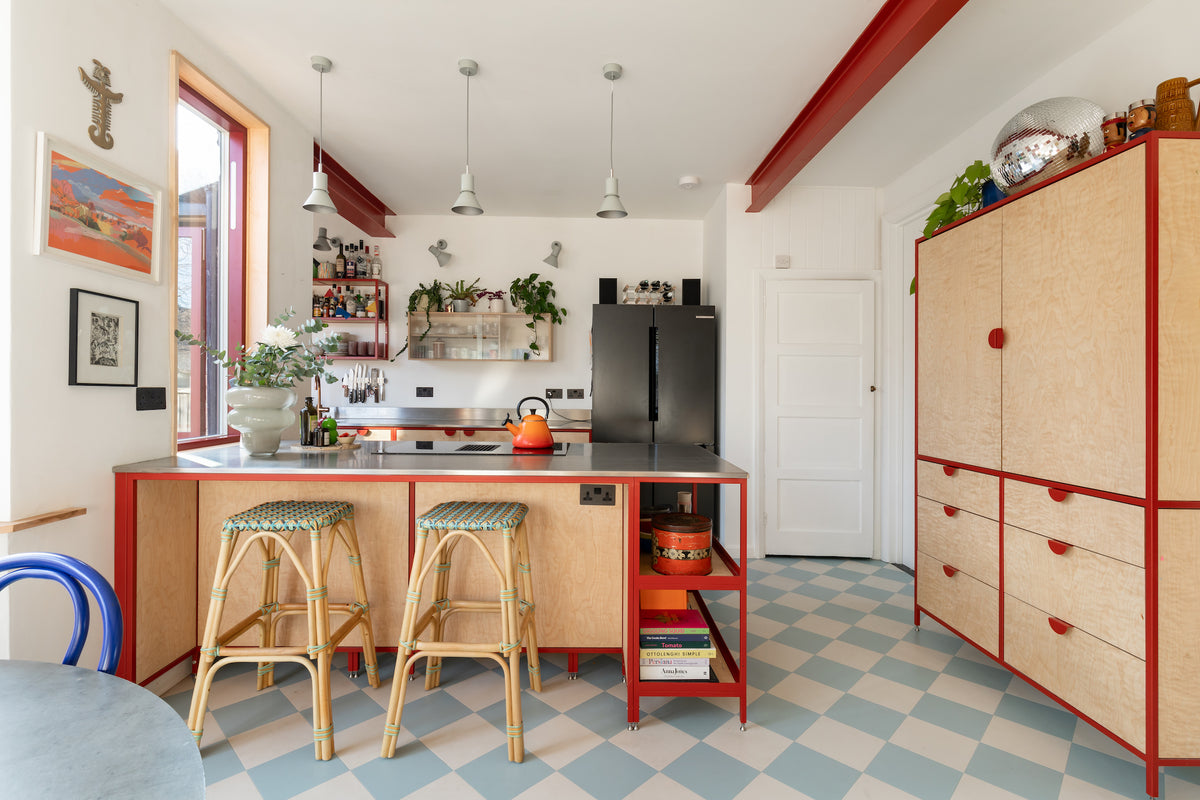 steel frame classic double larder, red metal frame work and birch plywood fronts