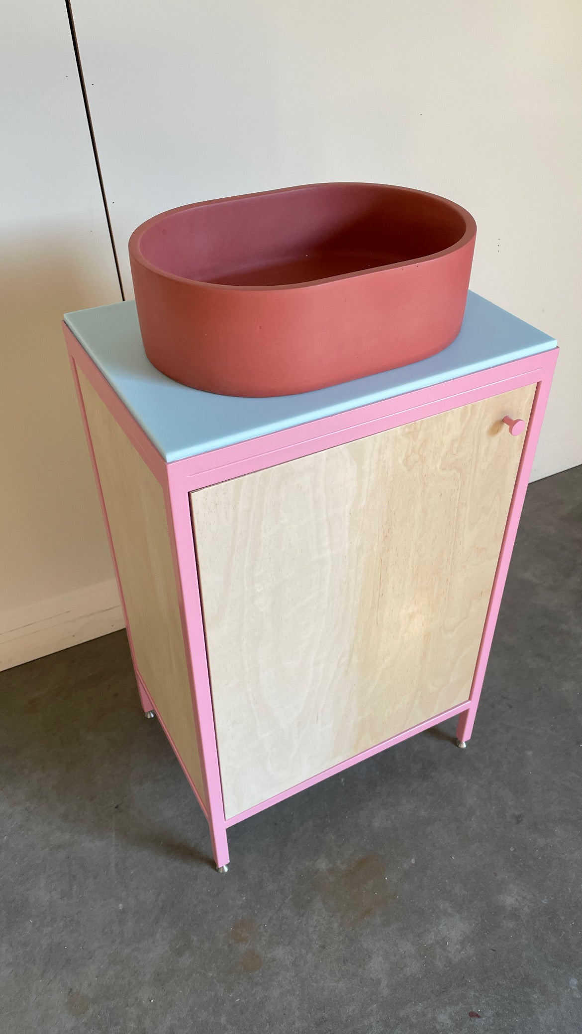 Compact Vanity Unit - Baby Pink and Birch Plywood.