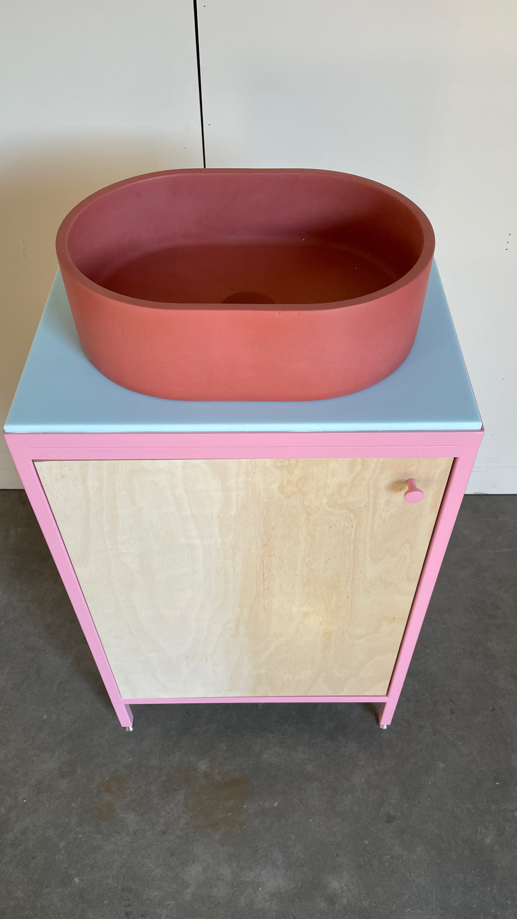 Compact Vanity Unit - Baby Pink and Birch Plywood.
