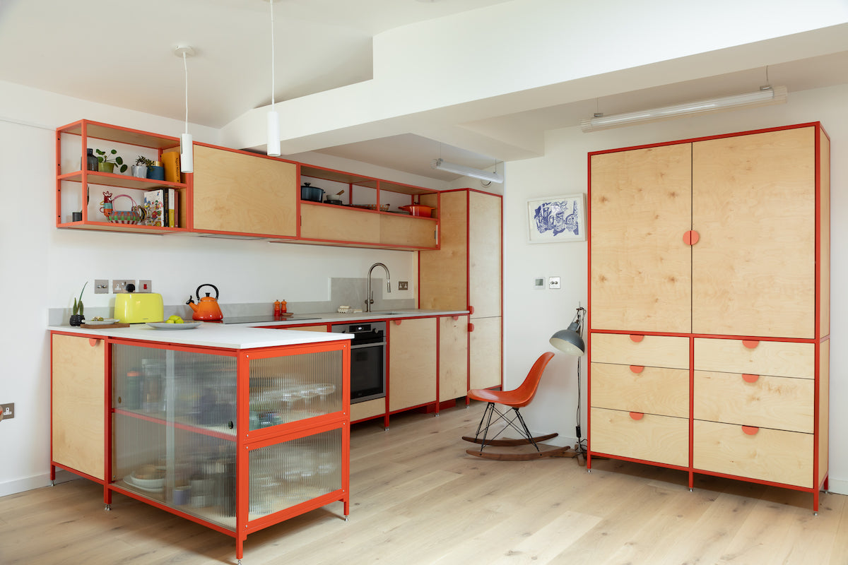 Bespoke steel frame kitchen in red, based in Lewisham 