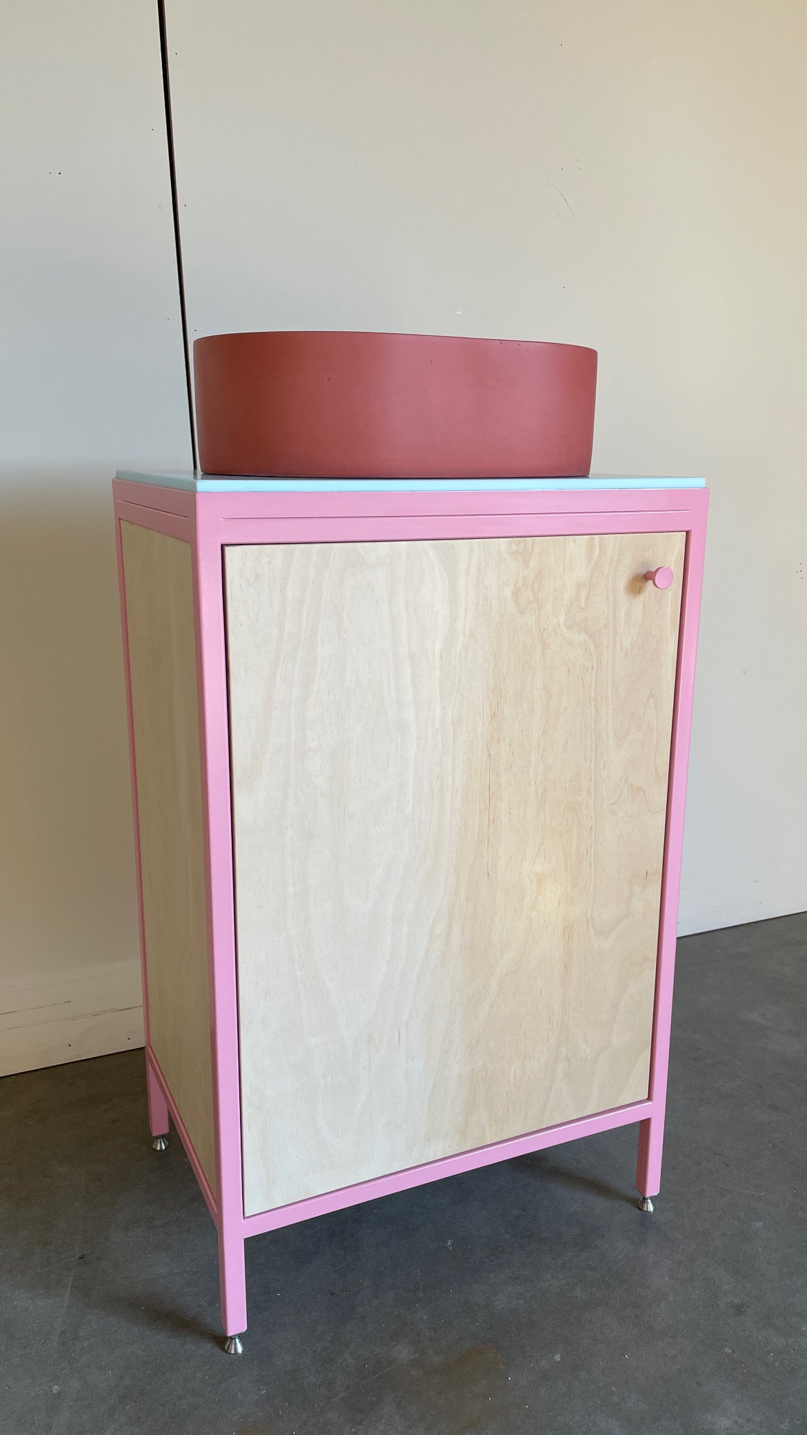 Compact Vanity Unit - Baby Pink and Birch Plywood.