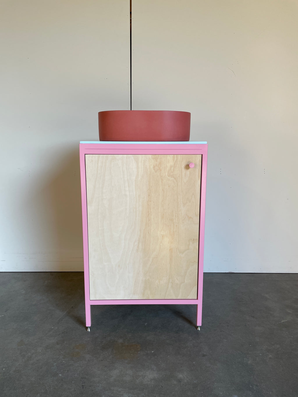 Compact Vanity Unit - Baby Pink and Birch Plywood.