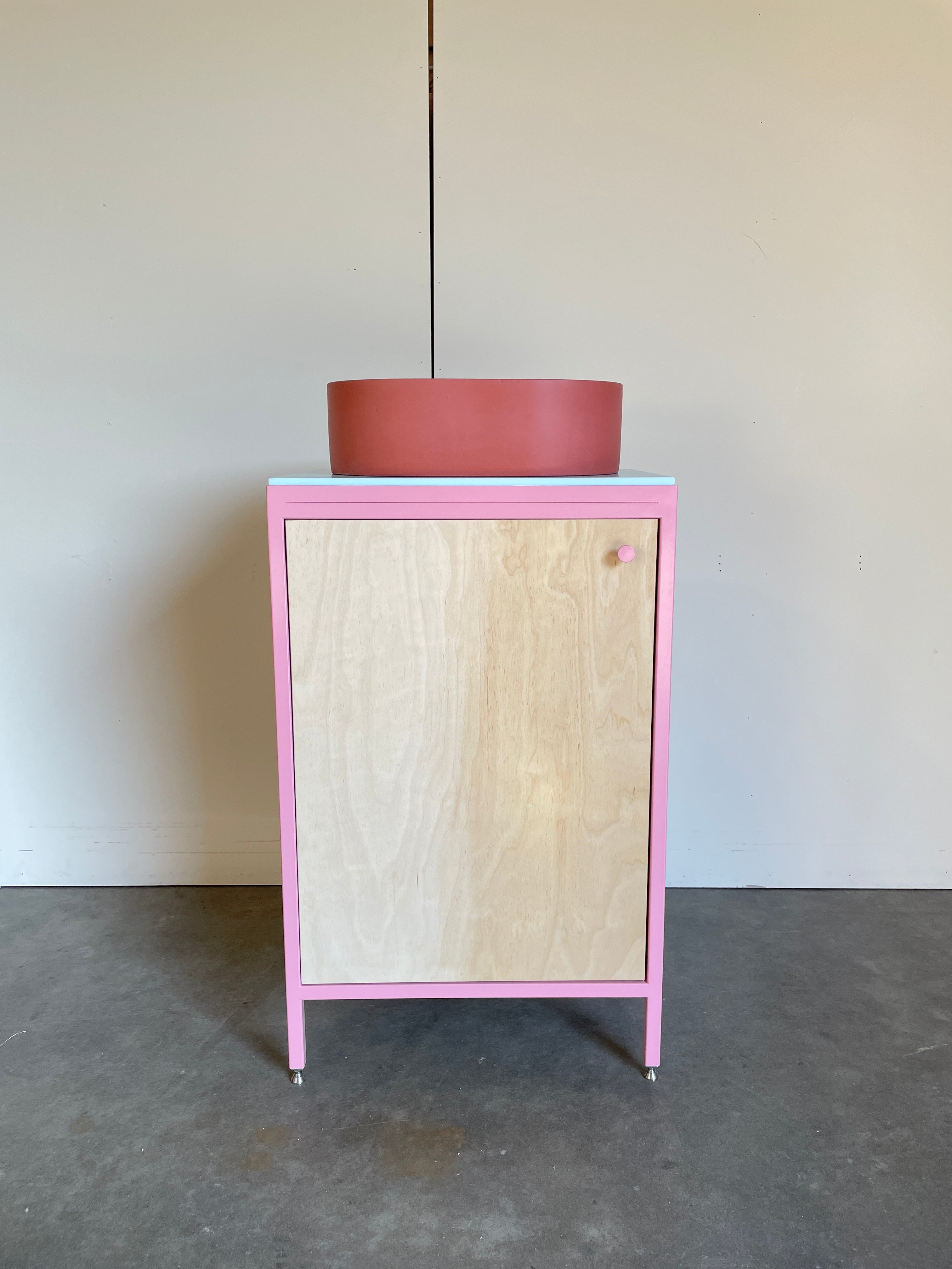 Compact Vanity Unit - Baby Pink and Birch Plywood.