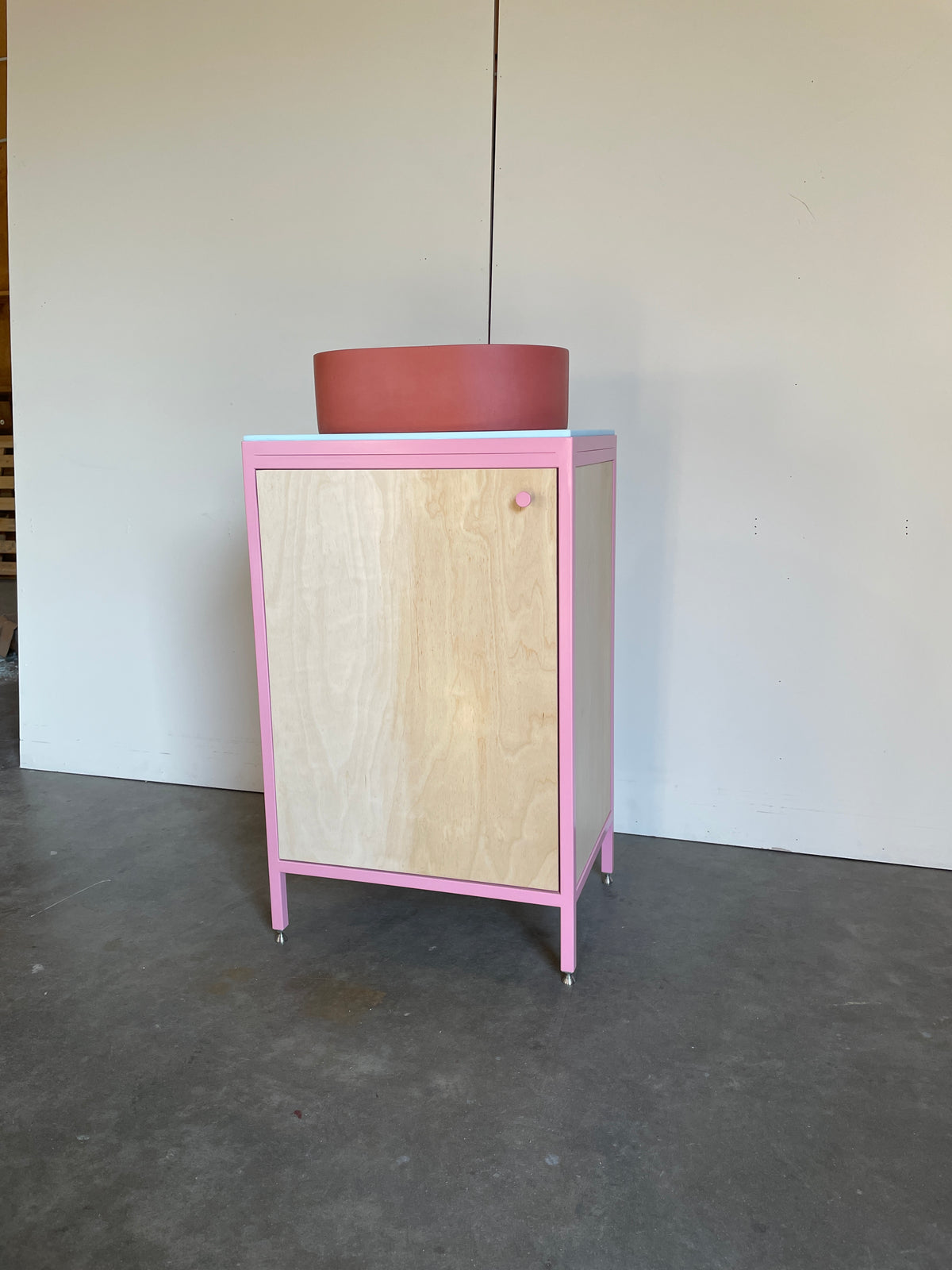 Compact Vanity Unit - Baby Pink and Birch Plywood.