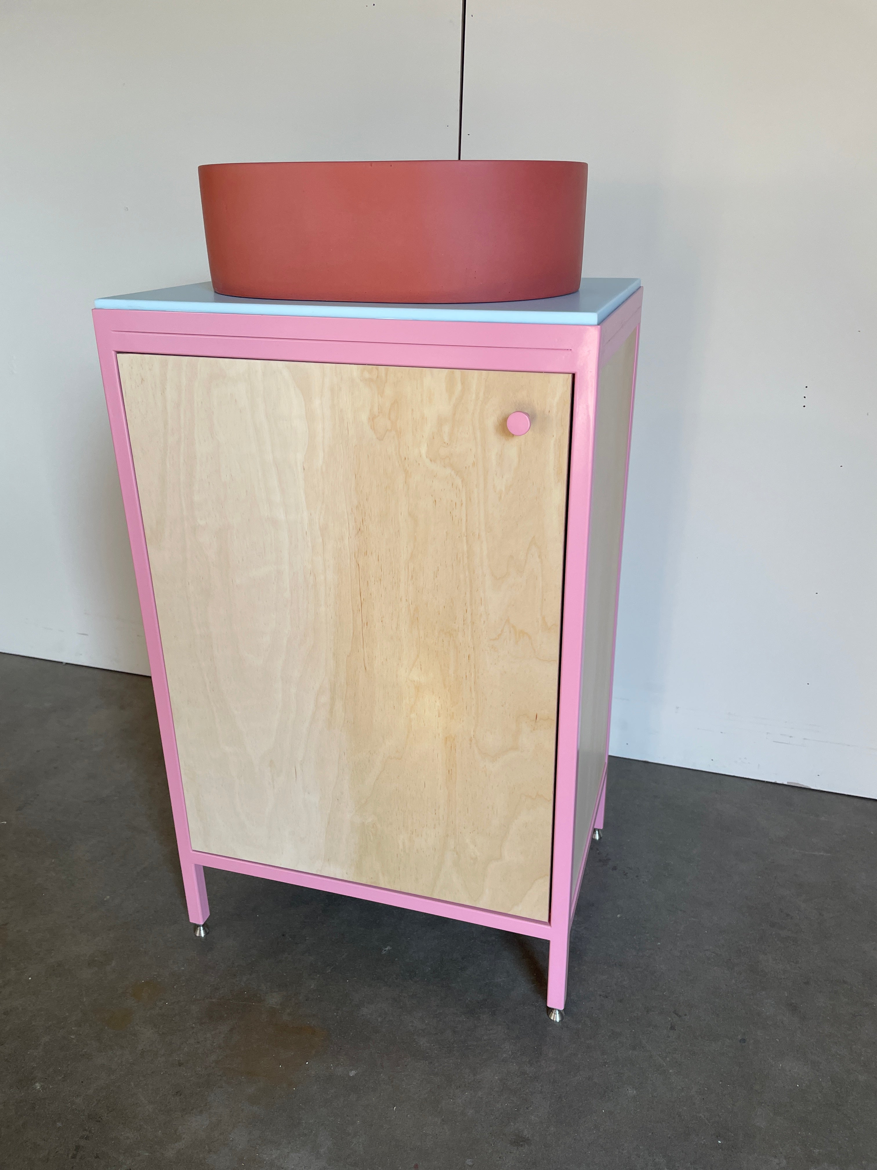 Compact Vanity Unit - Baby Pink and Birch Plywood.