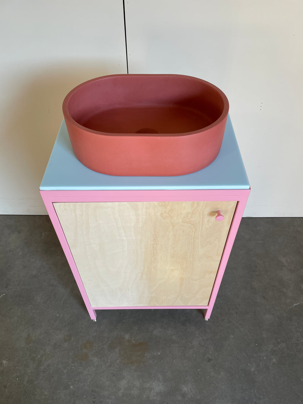 Compact Vanity Unit - Baby Pink and Birch Plywood.