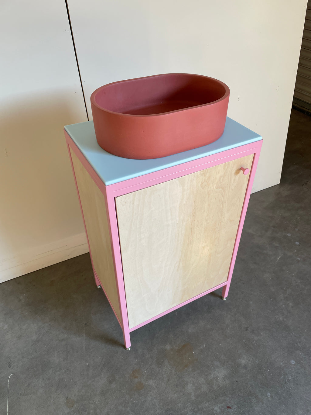 Compact Vanity Unit - Baby Pink and Birch Plywood.