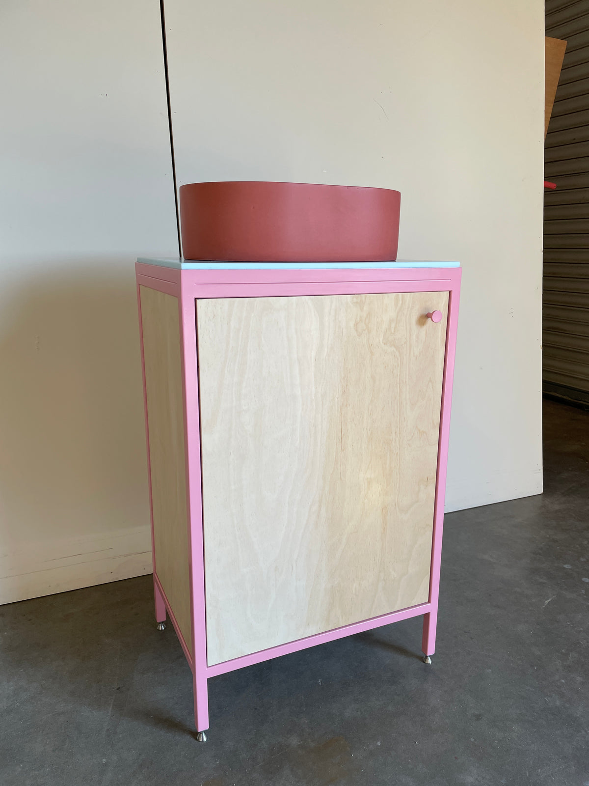 Compact Vanity Unit - Baby Pink and Birch Plywood.
