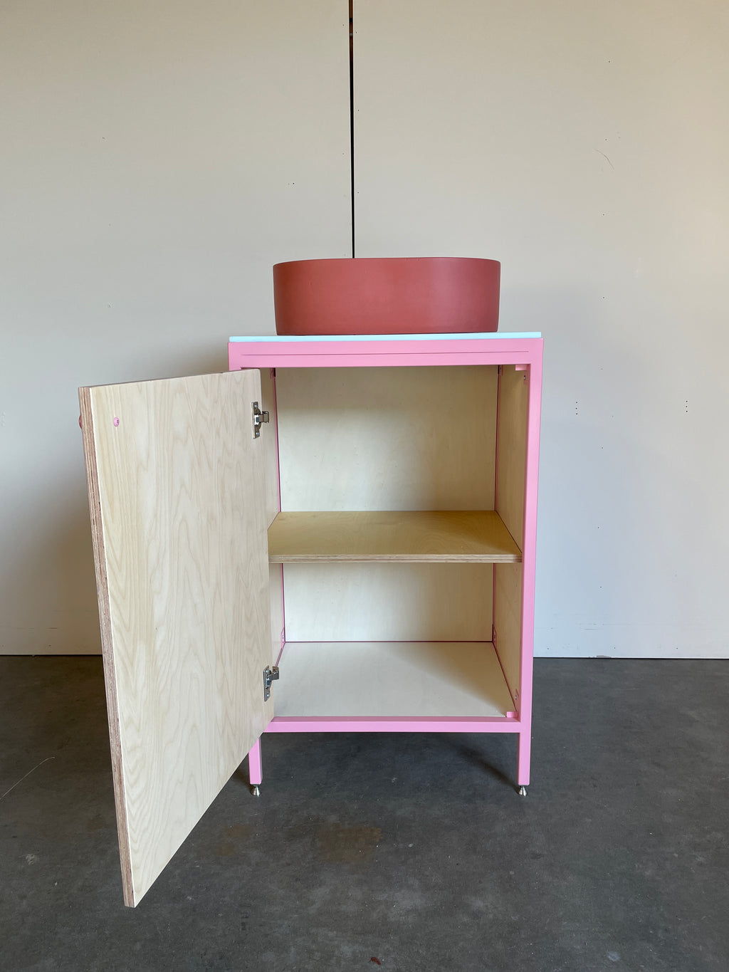 Compact Vanity Unit - Baby Pink and Birch Plywood.