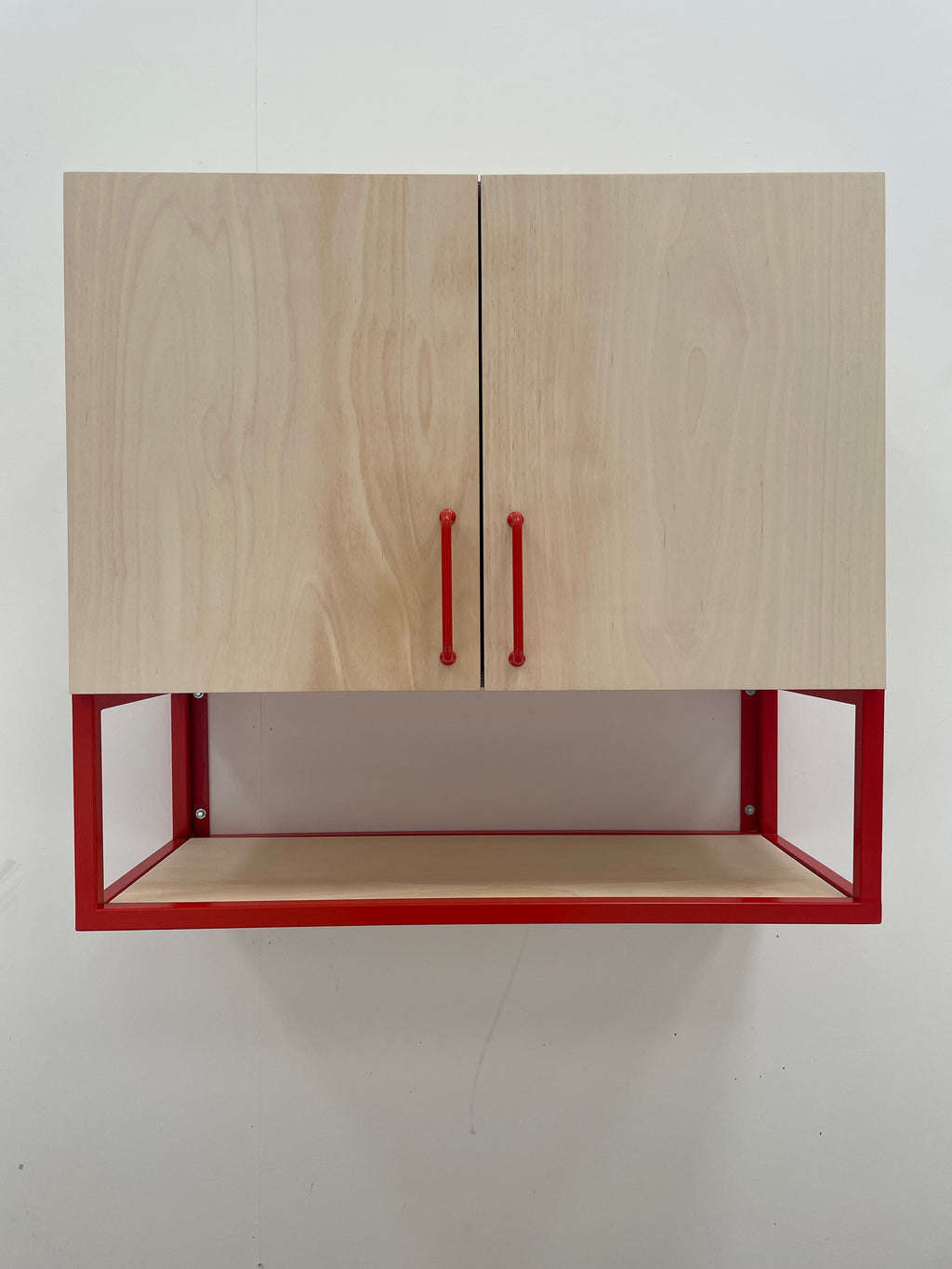 Plywood Wall Cabinet with Open Steel Shelves.