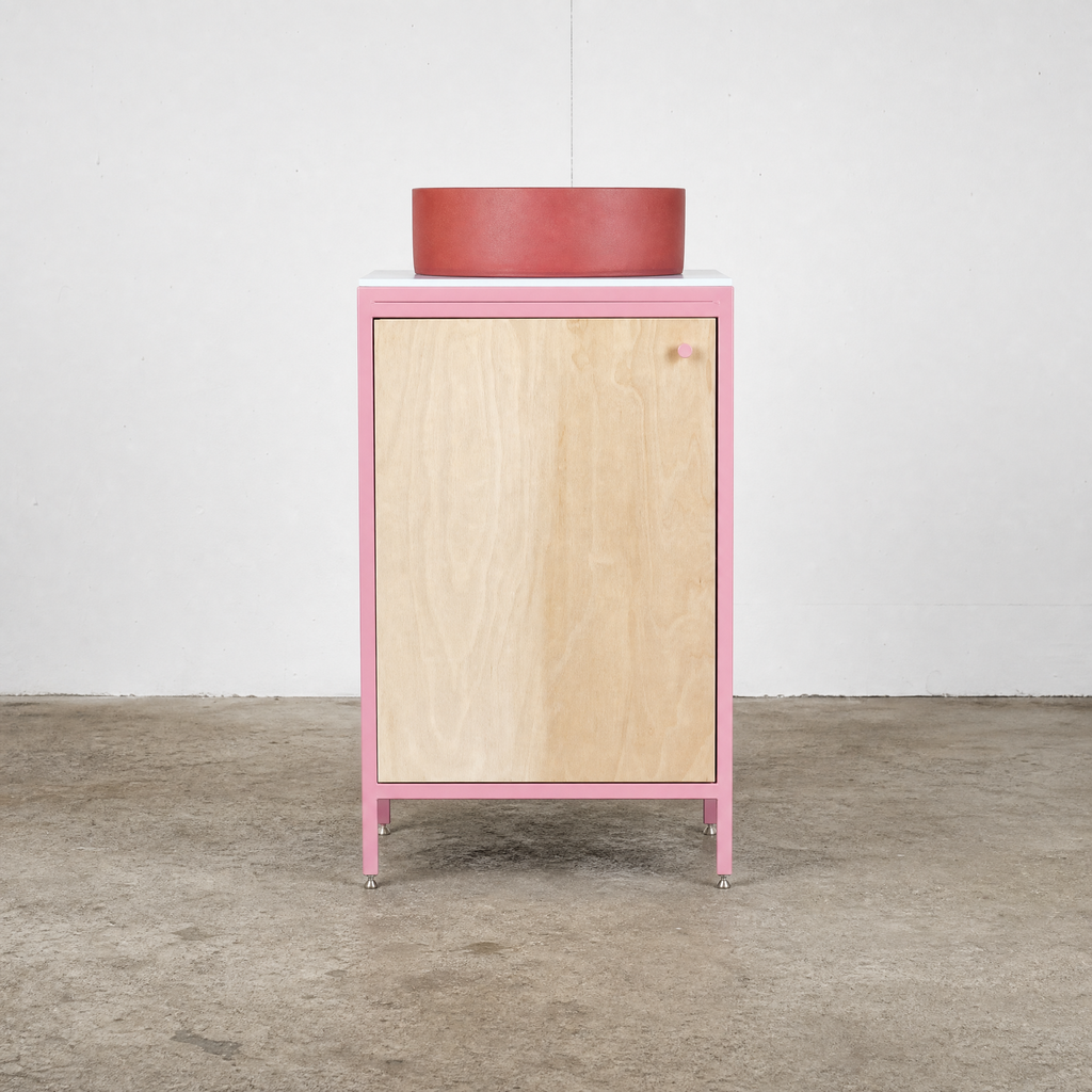 Compact Vanity Unit - Baby Pink and Birch Plywood.