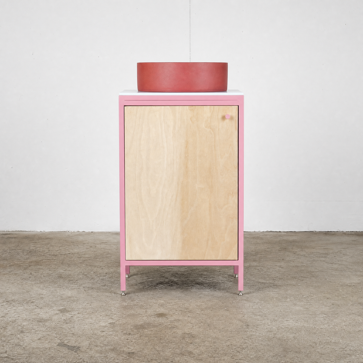 Compact Vanity Unit - Baby Pink and Birch Plywood.