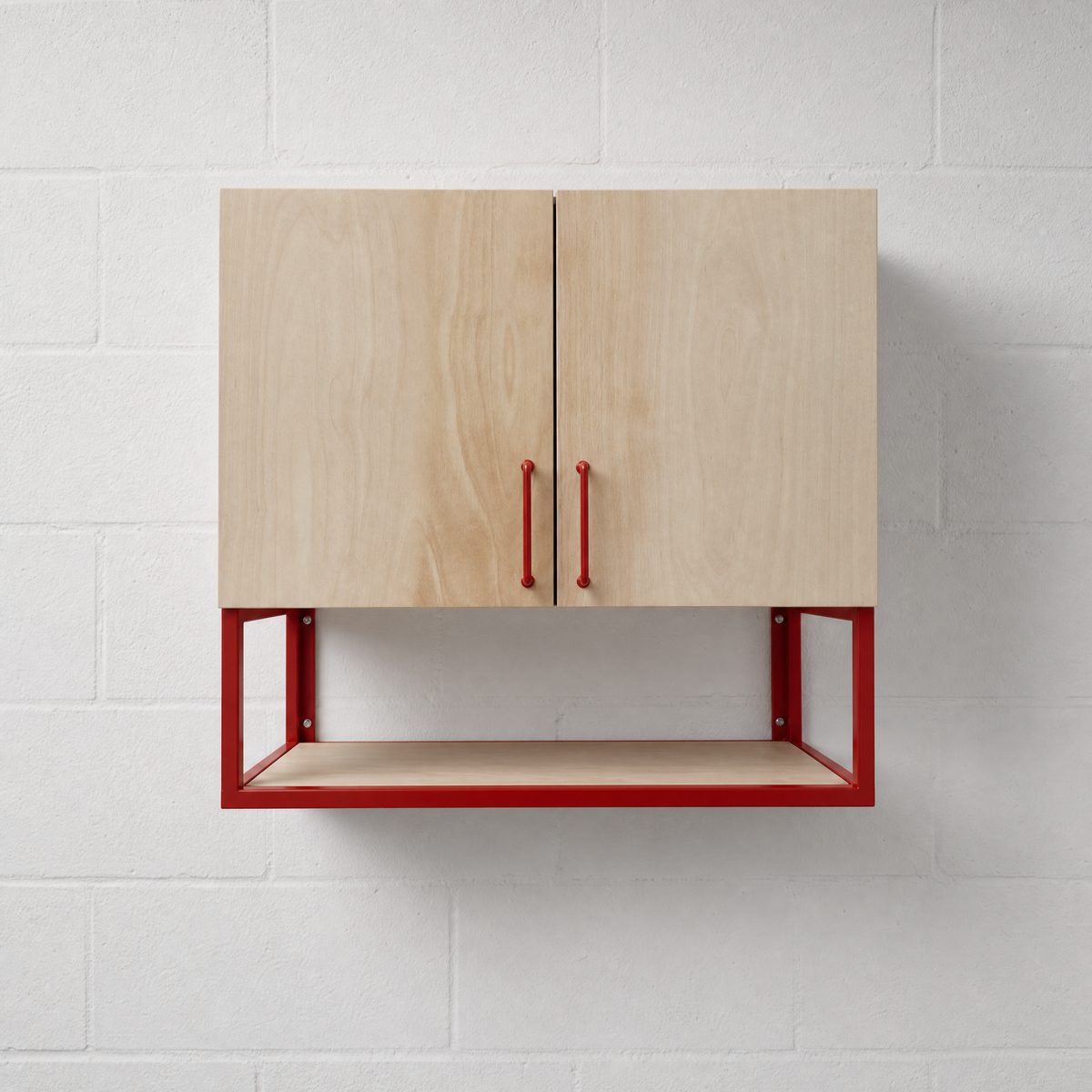 Plywood Wall Cabinet with Open Steel Shelves.